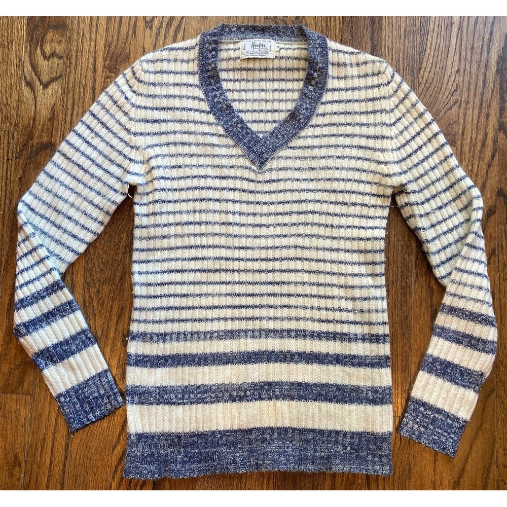 VTG 80s 90s Hooper Sweater Womens Sz 10 Striped Wool Angora Rabbit V Neck